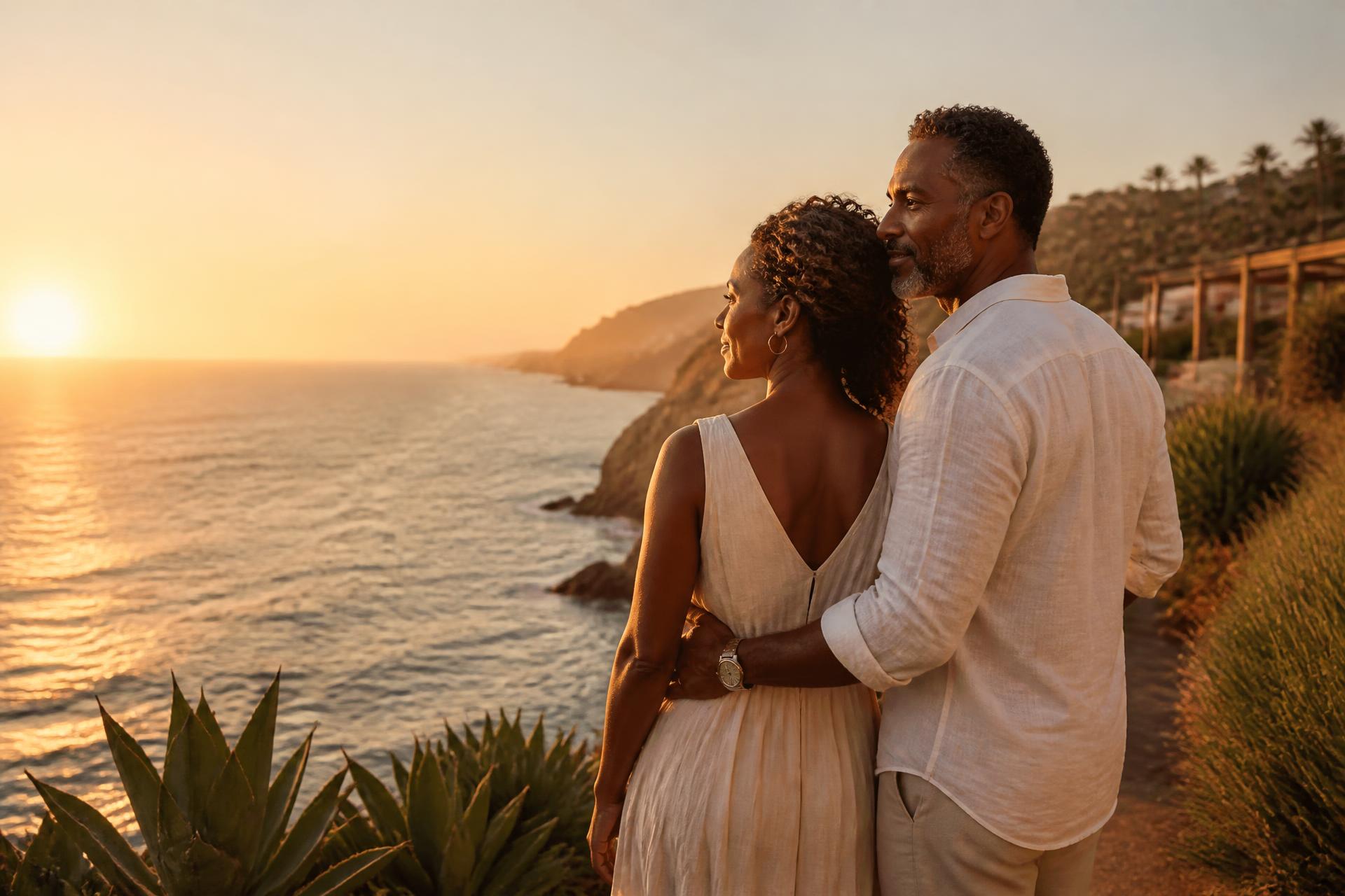 Couple watching the sun set over the California coast at a luxury resort
